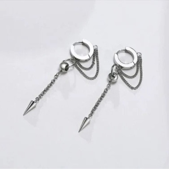 Stainless Steel Cross Double Chain Huggie Hoops Earring Pair for Mens Earrings - Picture 3 of 6